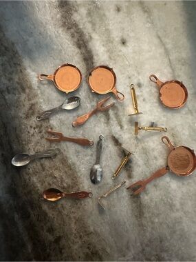 Vintage Miniature Copper Pans and Utensils  - Mixed Metal Set